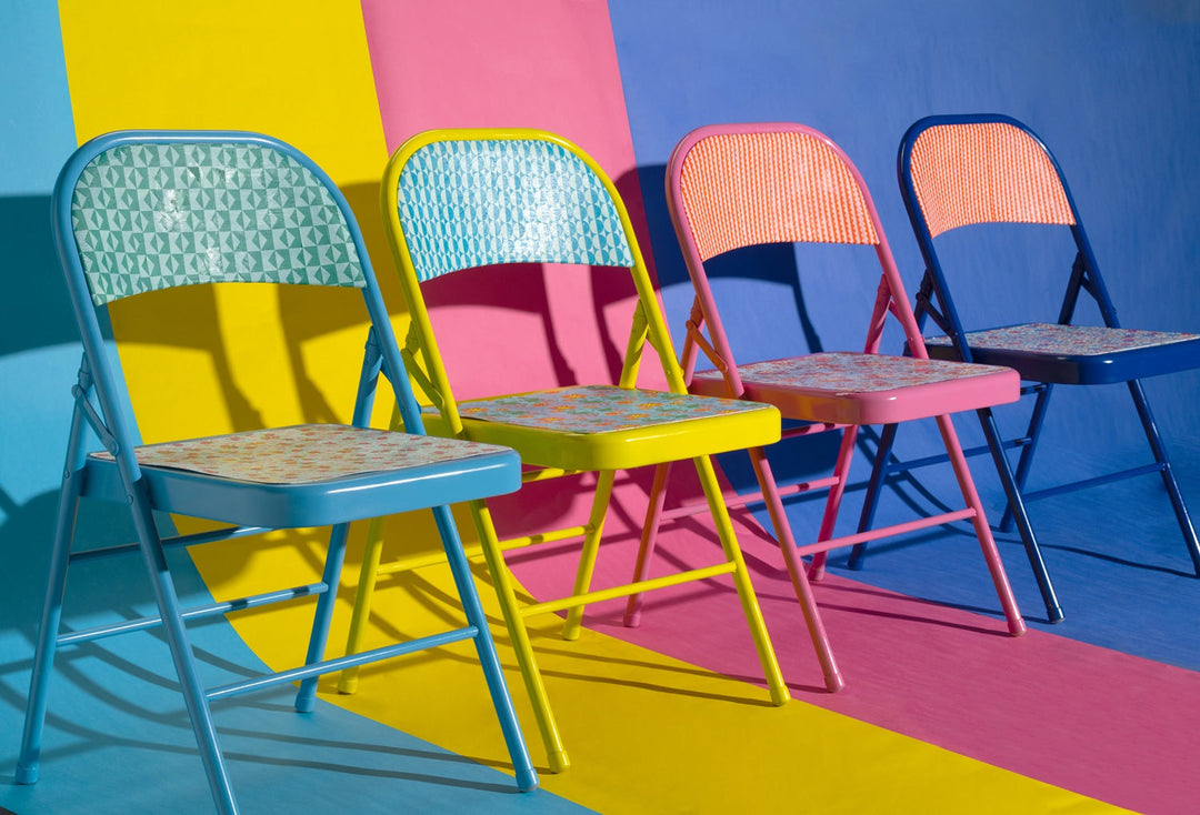 Rainbow spray paint metal chairs