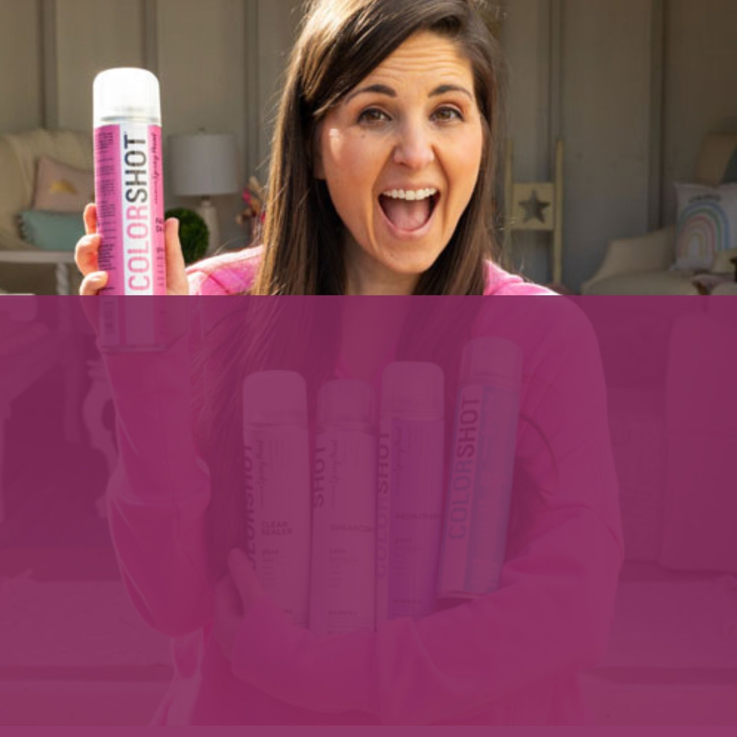 Woman holding a can of ColorShot Spray Paint with multiple bottles displayed below.