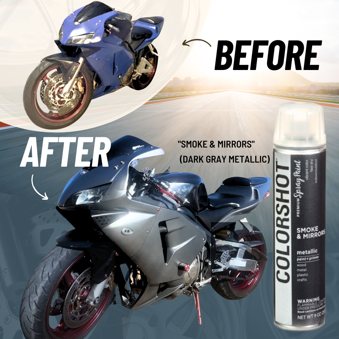 Before and after motorcycle makeover with COLORSHOT in Smoke & Mirrors